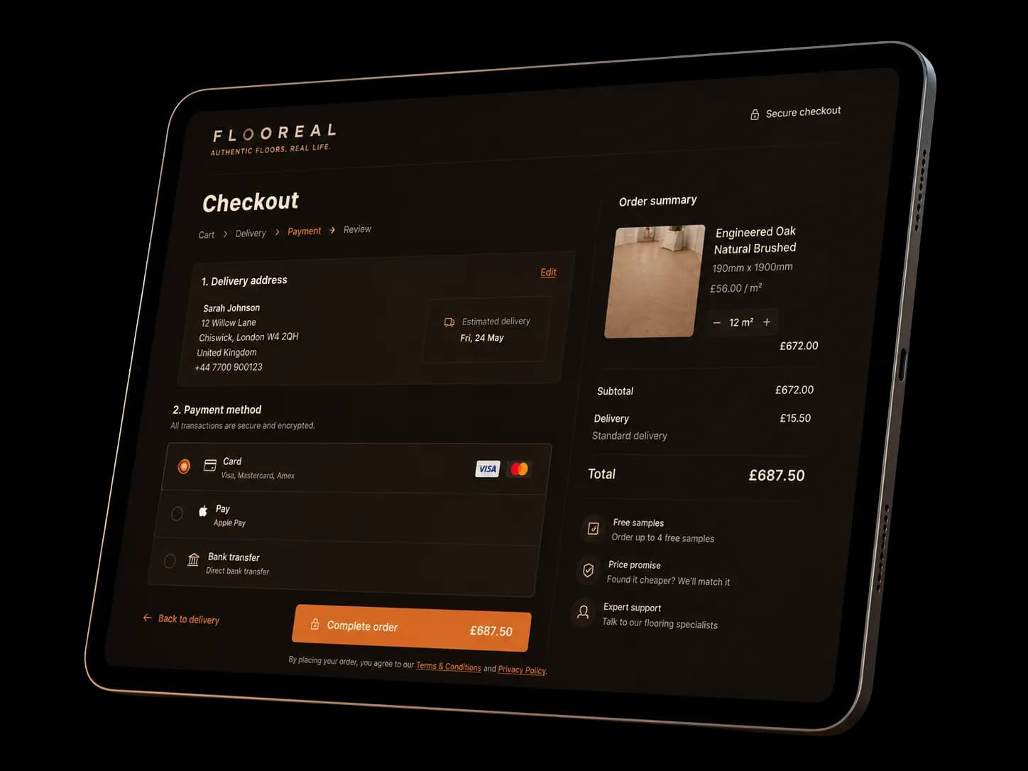 Flooreal online checkout displayed on a tablet