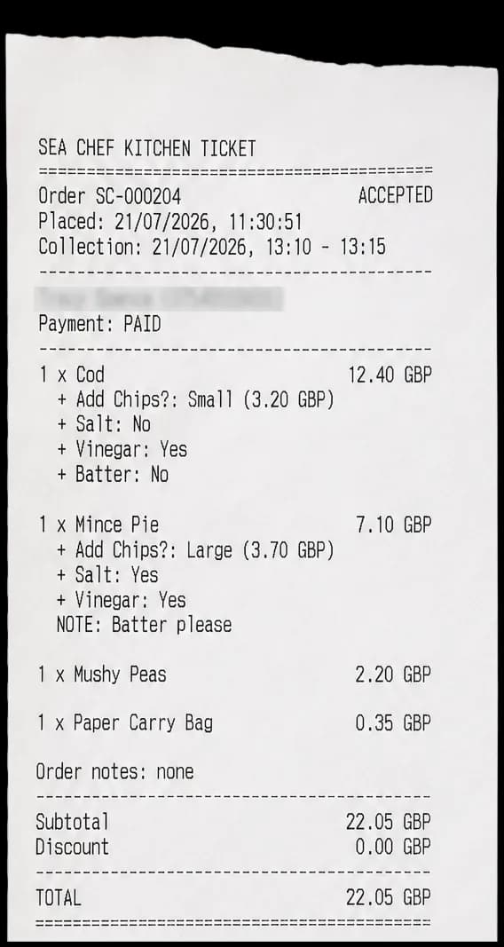A printed Sea Chef kitchen ticket for a paid collection order