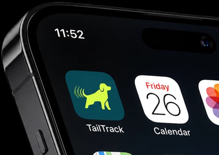 TailTrack app icon displayed on a mobile phone