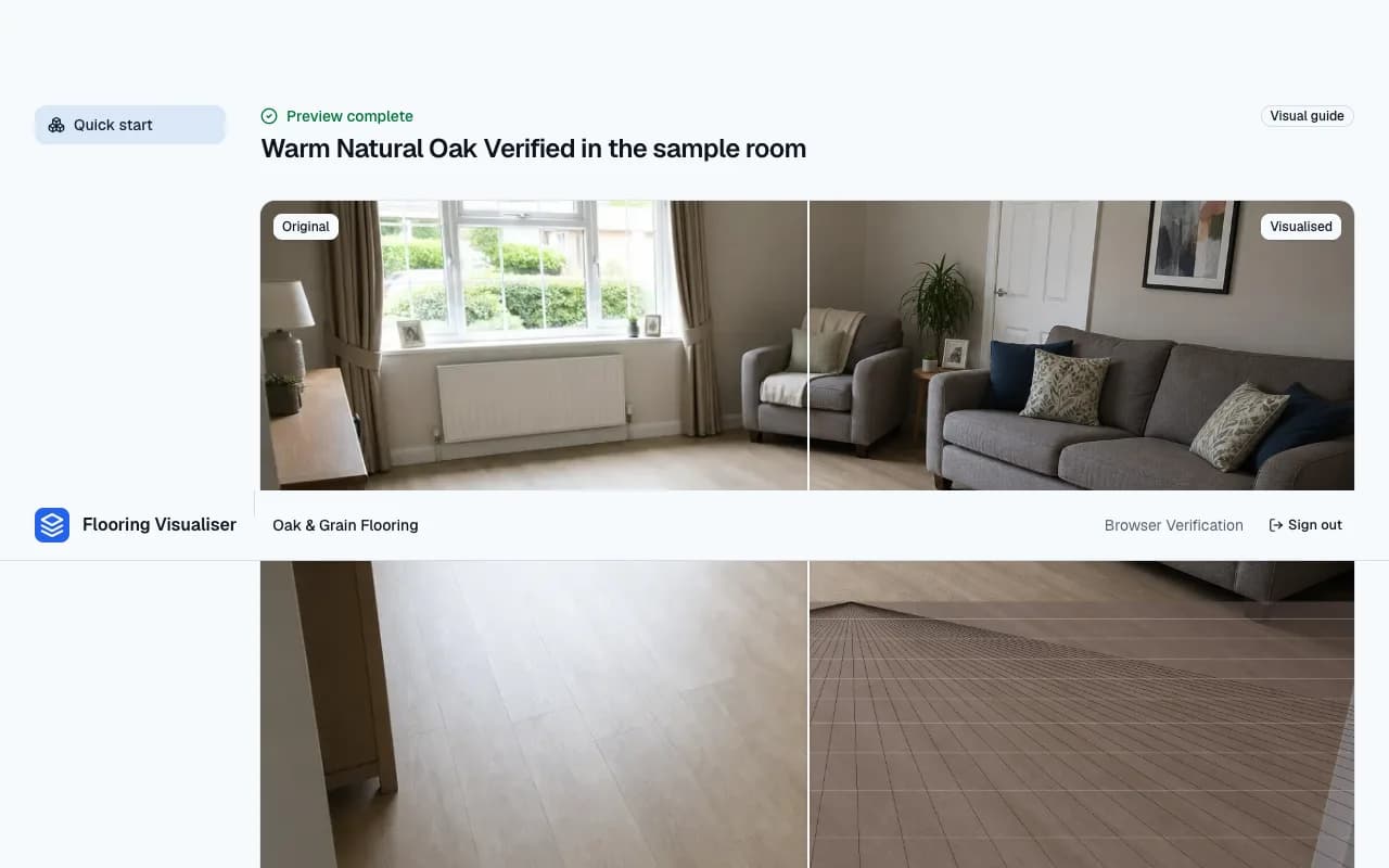 Flooreal flooring visualiser showing an original room beside a visualised flooring result