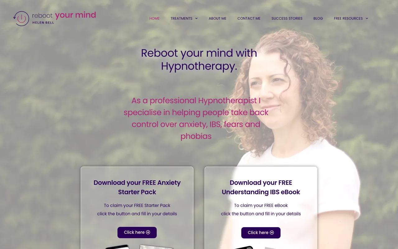 Reboot Your Mind hypnotherapy homepage with treatment information and downloadable resources