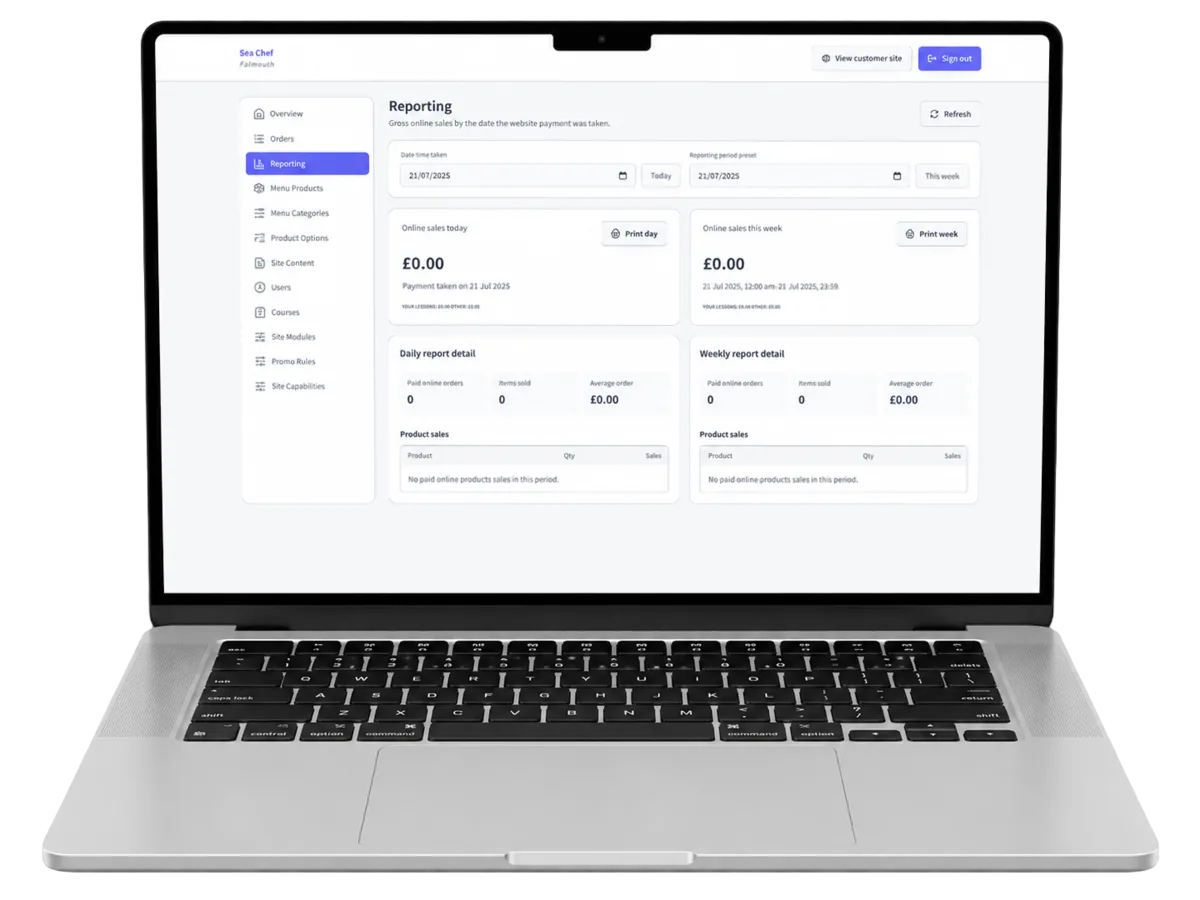 Sea Chef reporting dashboard displayed on a MacBook