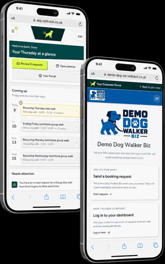 TailTrack owner dashboard and customer booking portal shown on two phones